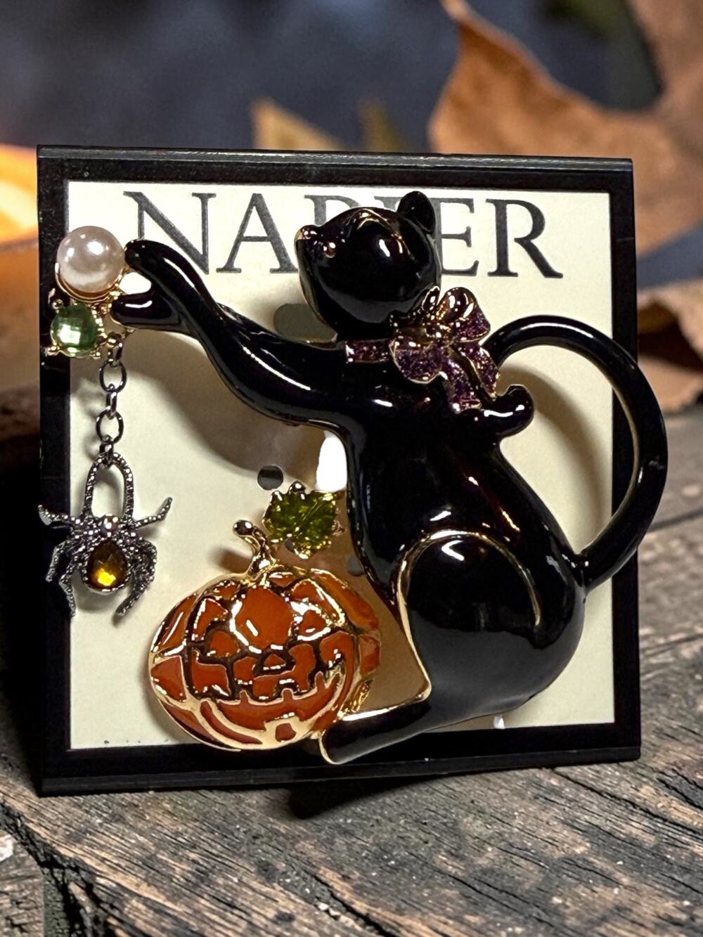 NAPIER Black Cat Pumpkin Halloween Brooch Enamel Spider Charm New in Box Figural